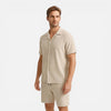 Men's linen shirt and shorts set by FJØRNA, breathable summer co-ord, perfect for casual warm-weather wear.