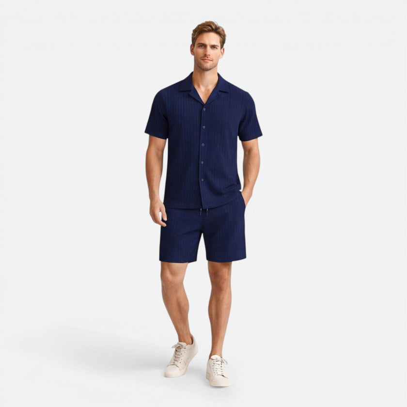 Men's linen shirt and shorts set by FJØRNA, breathable summer co-ord perfect for casual warm-weather wear.