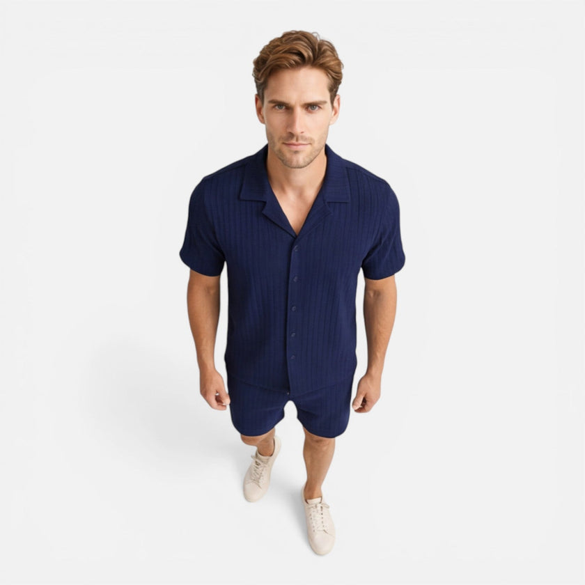 Men's linen shirt and shorts set by FJØRNA, breathable summer co-ord, casual men's set perfect for warm weather.