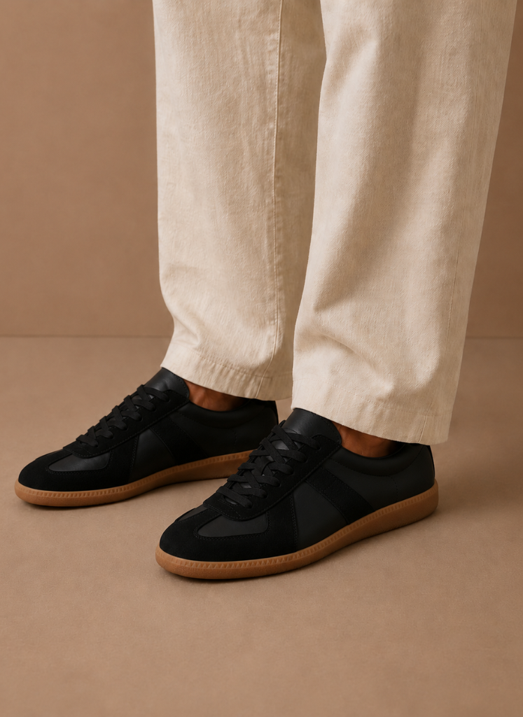 FJØRNA men's low-top casual suede sneakers with lightweight design, featuring a sleek tan finish and white rubber sole.