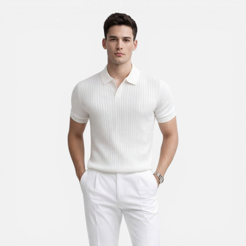 Men's slim fit ribbed knit polo shirt in premium cotton by FJØRNA, showcasing the textured fabric and classic collar design.