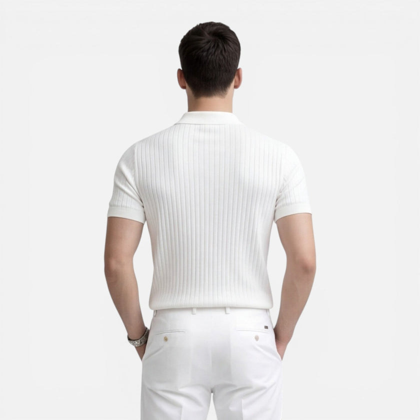 Men's ribbed knit polo shirt by FJØRNA, slim fit design in premium cotton, shown on a male model.