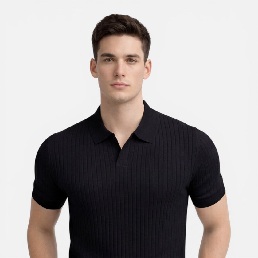 Men's ribbed knit polo shirt by FJØRNA in premium cotton with a slim fit, shown on a male model.