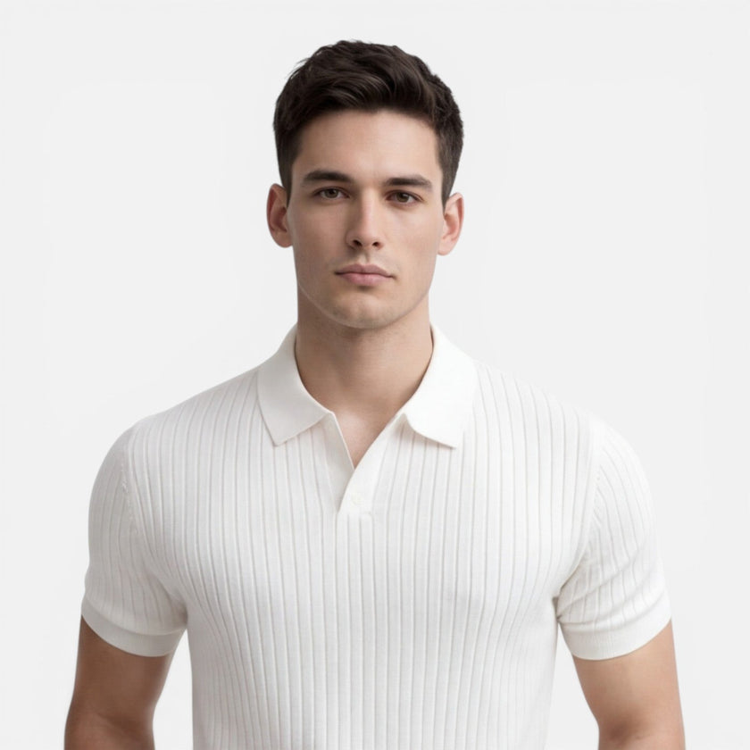 Men's ribbed knit polo shirt by FJØRNA in premium cotton, slim fit, featuring a classic collar and short sleeves.