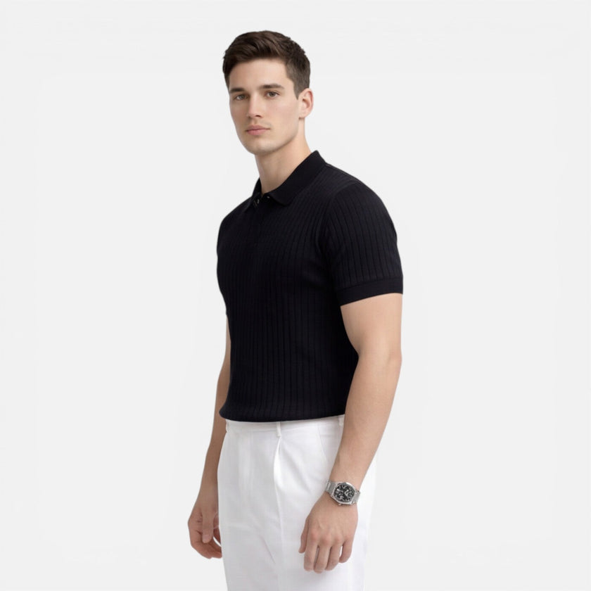 Men's ribbed knit polo shirt by FJØRNA, premium cotton, slim fit, showcasing the textured ribbed design and classic collar.