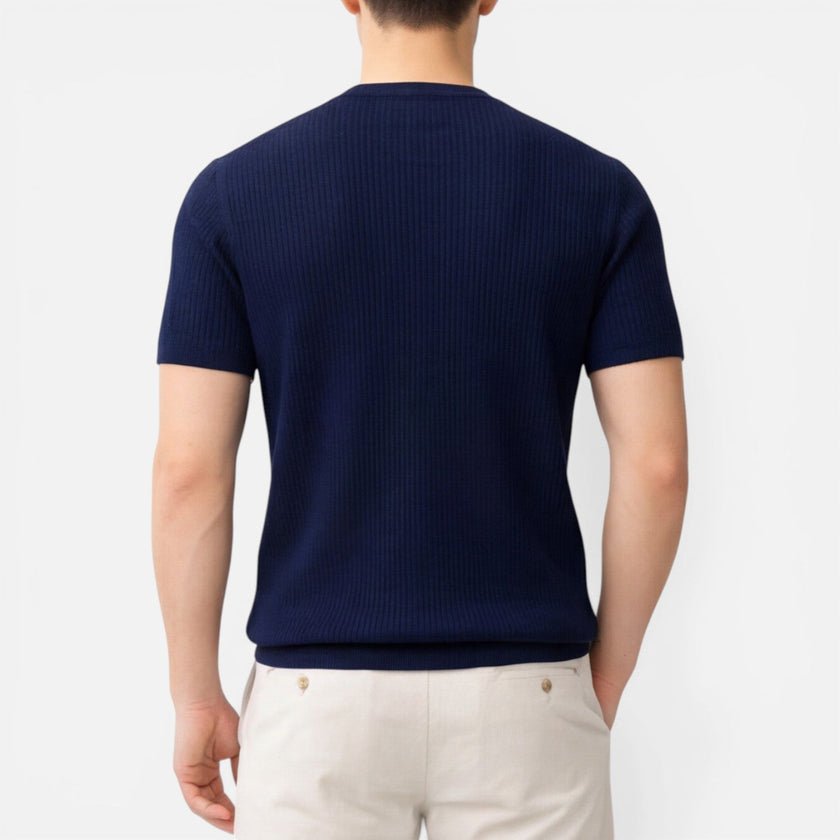 Men's lightweight ribbed knit slim fit T-shirt by FJØRNA, short sleeve summer tee in a neutral color.
