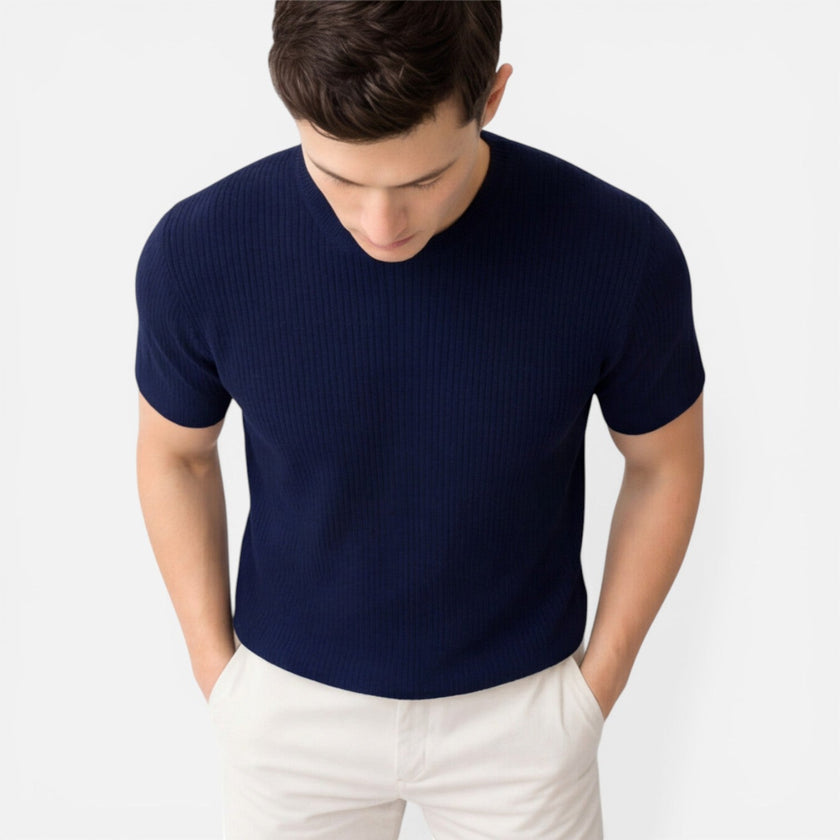 Men's lightweight ribbed knit slim fit T-shirt by FJØRNA, short-sleeve summer tee in a casual, comfortable fit.