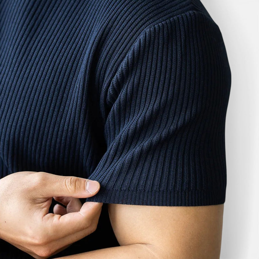 Men's FJØRNA ribbed knit slim fit lightweight short-sleeve T-shirt, perfect for summer casual wear.