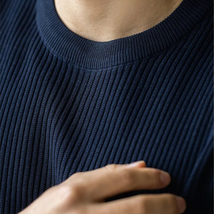 Men's slim fit ribbed knit lightweight summer T-shirt by FJØRNA, short-sleeve design, casual men's shirt for warm weather.
