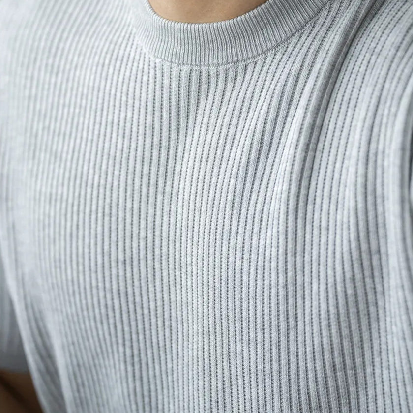 Men's lightweight ribbed knit slim fit T-shirt in soft fabric, featuring short sleeves and a classic summer tee design by FJØRNA.