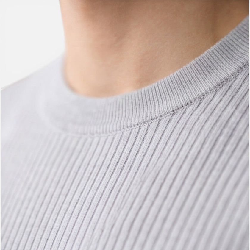 Men's ribbed knit slim fit T-shirt by FJØRNA, lightweight summer tee with short sleeves and casual style.