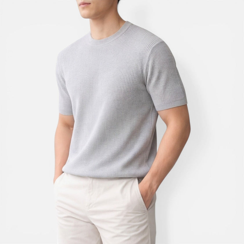 Men's lightweight ribbed knit slim fit T-shirt by FJØRNA, short-sleeve summer tee in a soft knit fabric.