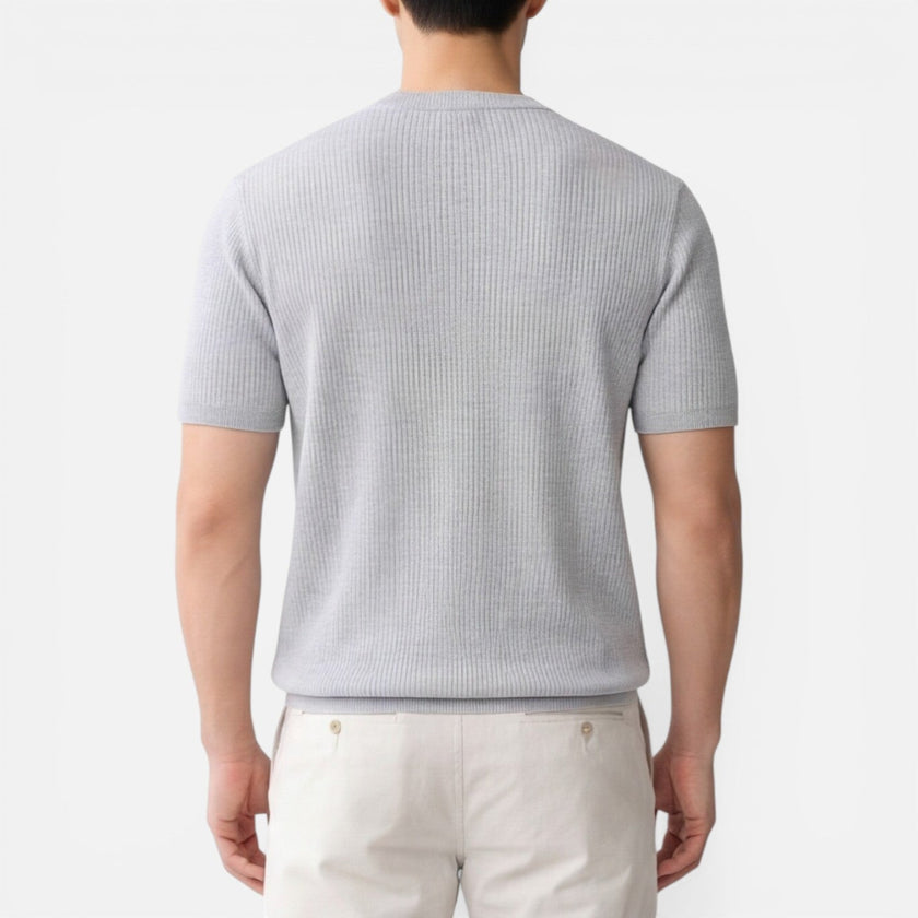 Men's lightweight ribbed knit slim fit T-shirt by FJØRNA, short-sleeve summer tee, shown in a natural fit on a model.