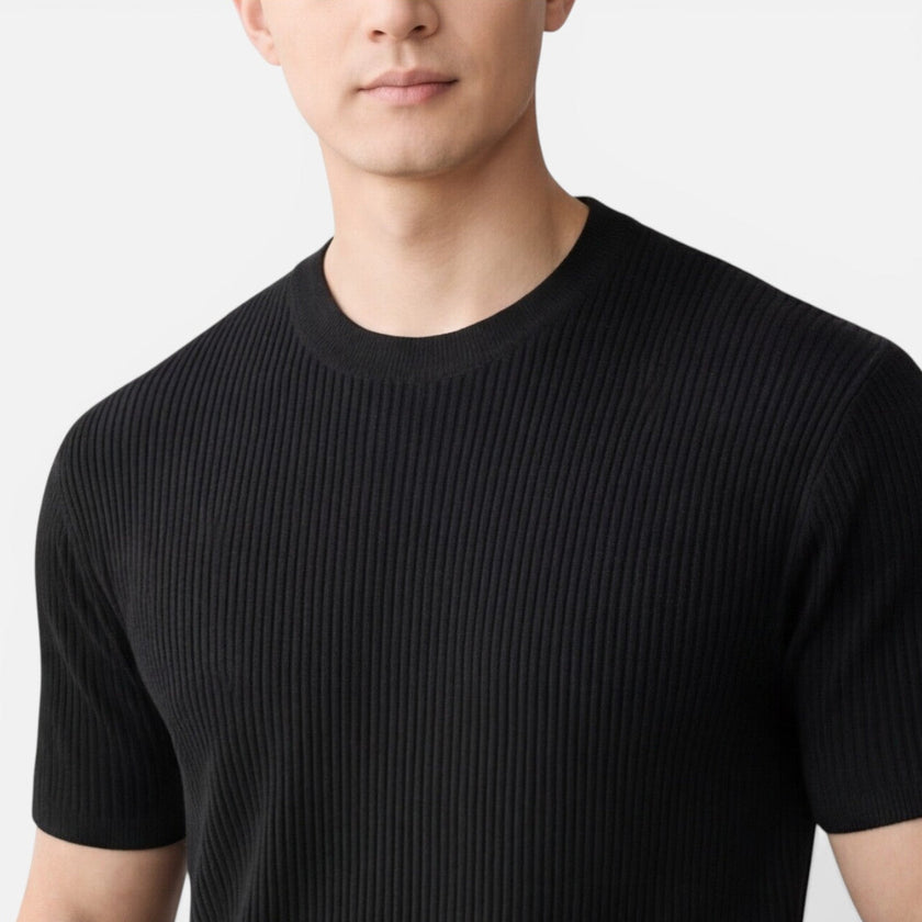 Men's lightweight ribbed knit slim fit T-shirt by FJØRNA, short-sleeve summer tee in soft fabric, worn casually.