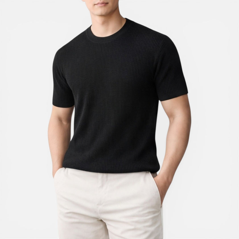 Men's lightweight ribbed knit slim fit T-shirt in a summer-friendly design by FJØRNA, short-sleeve and casual.