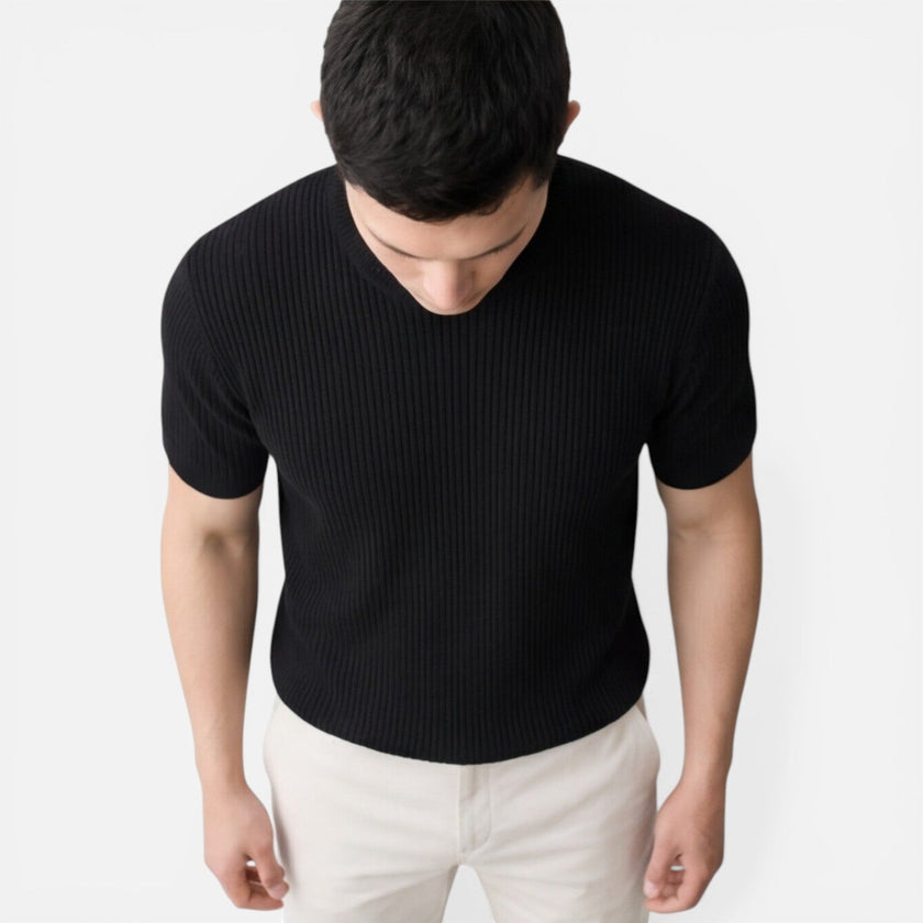 Men's FJØRNA lightweight ribbed knit slim fit short sleeve T-shirt, ideal for summer, shown in a natural casual fit.