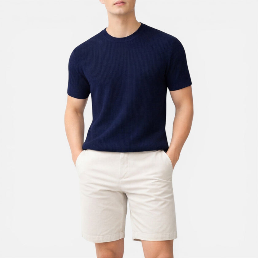 Men's lightweight ribbed knit slim fit T-shirt by FJØRNA, short-sleeve summer tee in soft, breathable fabric.