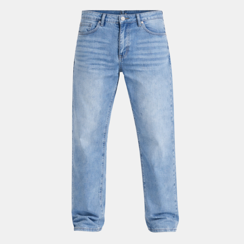 FJØRNA men's relaxed fit denim jeans with straight-leg design, casual style, and classic blue denim fabric.