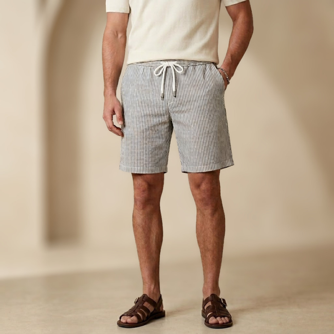 Men's striped drawstring relaxed fit shorts from FJØRNA, featuring a casual summer design with comfortable fit and adjustable waistband.