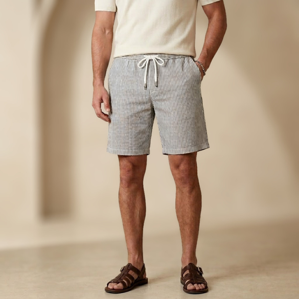 Men's striped drawstring relaxed fit shorts from FJØRNA, featuring a casual summer design with comfortable fit and adjustable waistband.