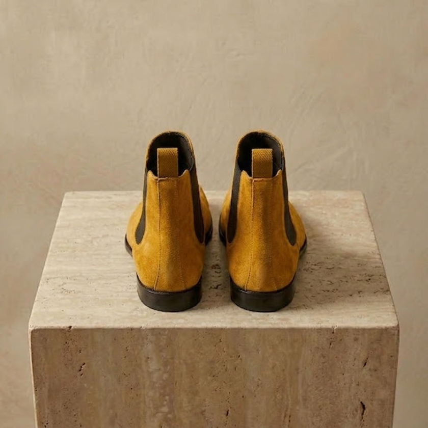 Tan suede Chelsea boots for men by FJØRNA, showcasing classic ankle-high style and comfortable fit.