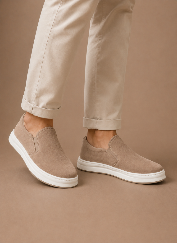 Men's suede slip-on sneakers by FJØRNA, casual everyday loafers with a sleek suede upper and comfortable slip-on design.