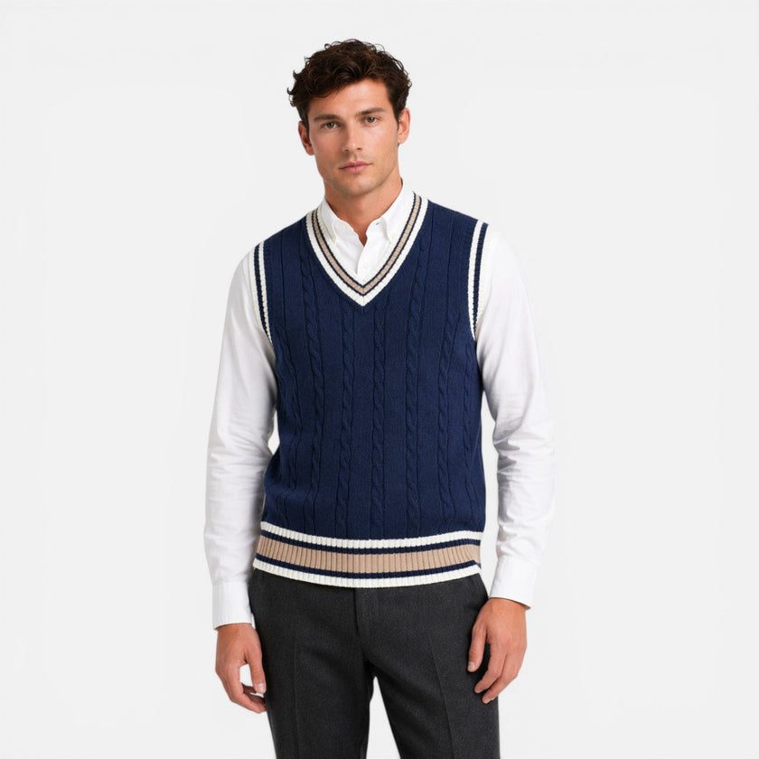 Men's wool sweater vest with V-neck and cable knit design, casual business style by FJØRNA.