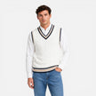 FJØRNA men's wool sweater vest with V-neck and cable knit design, perfect for business casual or everyday wear.