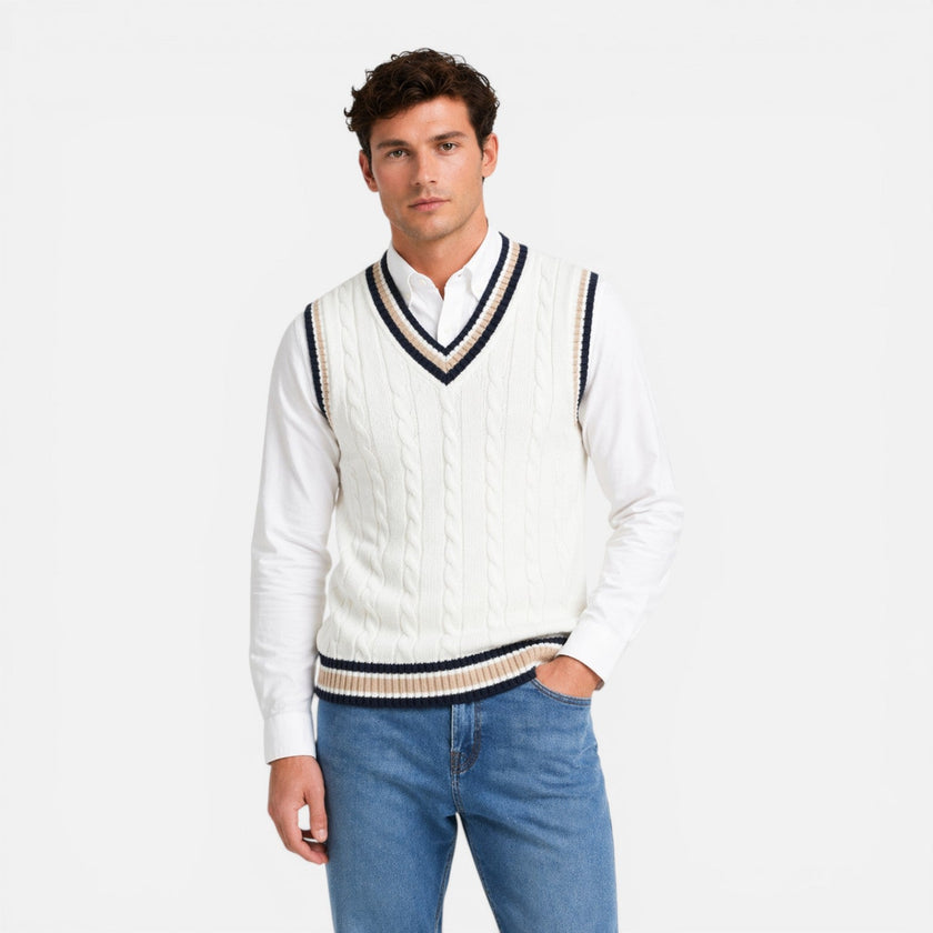 FJØRNA men's wool sweater vest with V-neck and cable knit design, perfect for business casual or everyday wear.