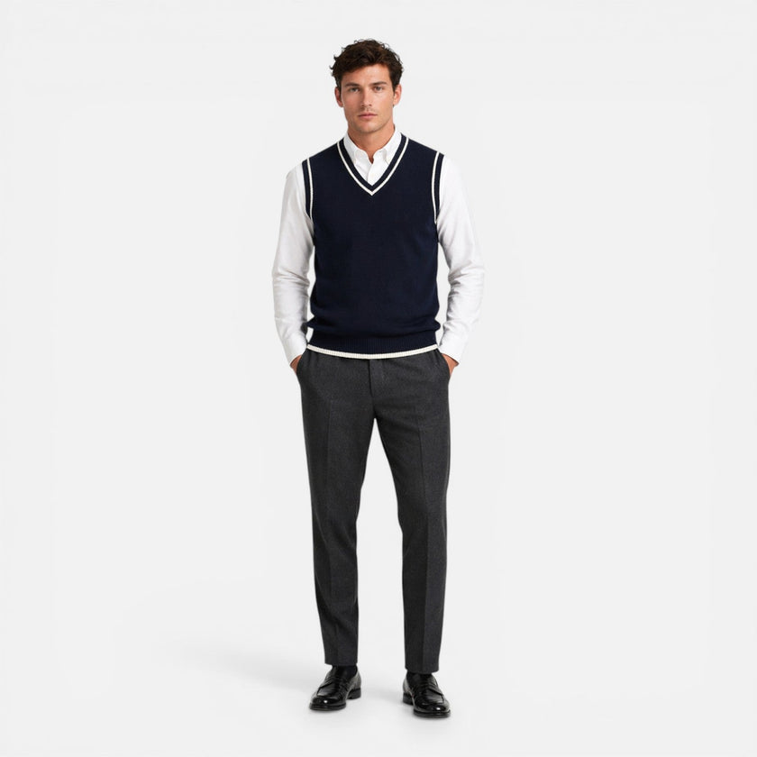 Men's wool sweater vest with V-neck and cable knit design, casual business style, by FJØRNA.