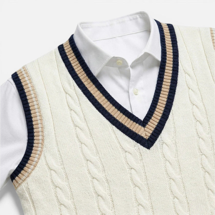 Men's wool sweater vest with V-neck and cable knit design, FJØRNA business casual men's shirt for layered style.
