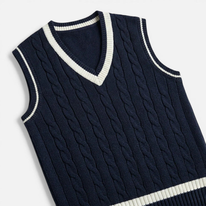 Men's wool sweater vest with V-neck and cable knit design, casual business style by FJØRNA.