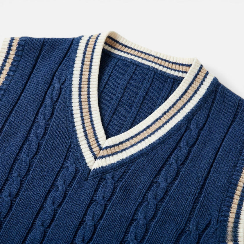 Men's wool sweater vest with V-neck and cable knit design, casual and business-ready by FJØRNA.