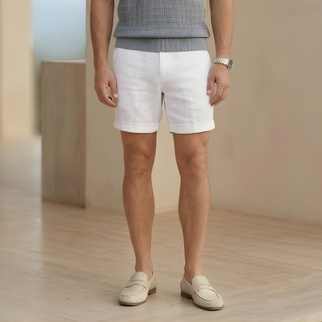 Men's cotton linen blend shorts by FJØRNA, lightweight tailored relaxed fit shorts with a casual style.