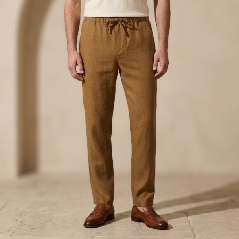 Men's cotton linen relaxed fit trousers by FJØRNA with drawstring waist and casual style.