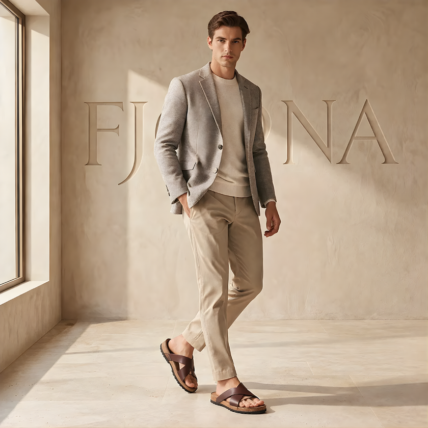 Men's red FJØRNA cushioned cross-strap cork sandals with comfortable footbed for casual wear.