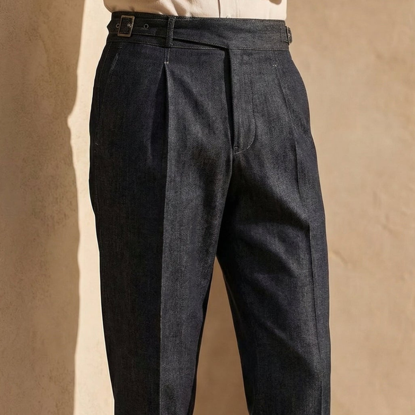 Men's high waist straight leg casual trousers by FJØRNA, featuring a tailored fit and classic style for everyday wear.