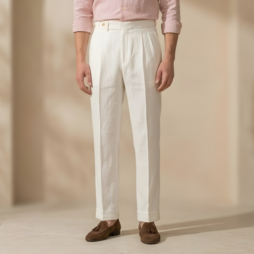 Men's high waist linen straight-leg trousers by FJØRNA with pleated detailing, tailored fit, and classic style.