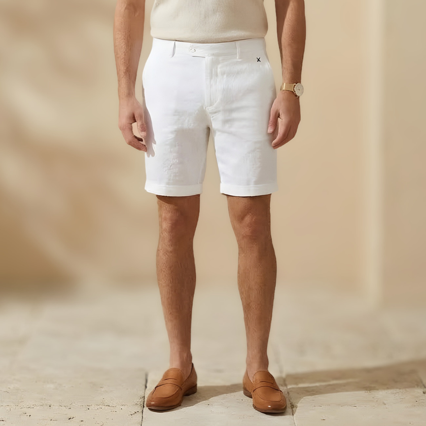 Men's linen blend tailored relaxed fit shorts by FJØRNA, featuring a comfortable design and casual style.