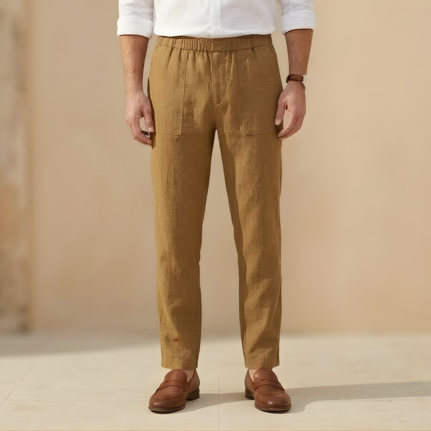 Men's linen blend straight leg trousers by FJØRNA with drawstring waist, relaxed fit, ideal for casual and comfortable style.