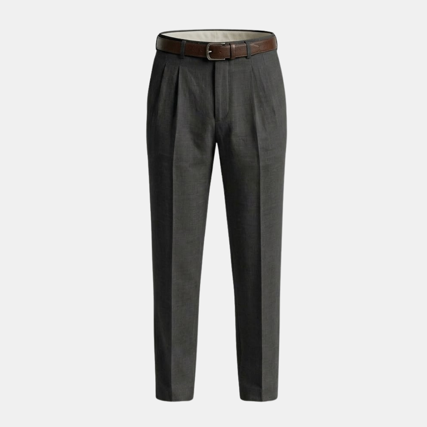 Men's linen blend straight leg trousers by FJØRNA featuring pleats and a relaxed fit, showcasing the lightweight, breathable fabric.