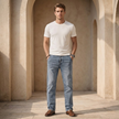 Men's lightweight casual straight leg jeans from FJØRNA, showing classic denim fabric and relaxed fit for everyday wear.