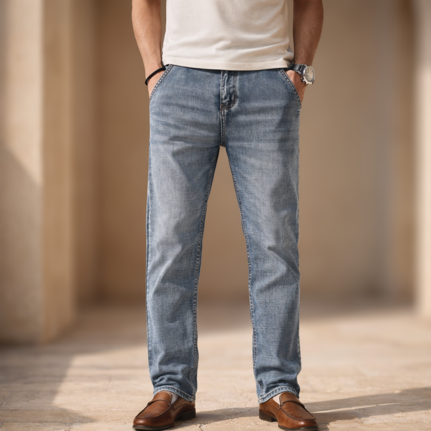 Men's lightweight casual straight leg jeans by FJØRNA, showing a relaxed fit with classic denim details and a casual style.