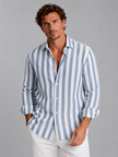 Men's striped linen-look shirt in relaxed summer style, button-up men's shirt by FJØRNA featuring a casual, breathable design.