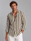 Men's striped linen-look shirt by FJØRNA featuring a relaxed summer button-up style, lightweight fabric, and classic striped pattern.