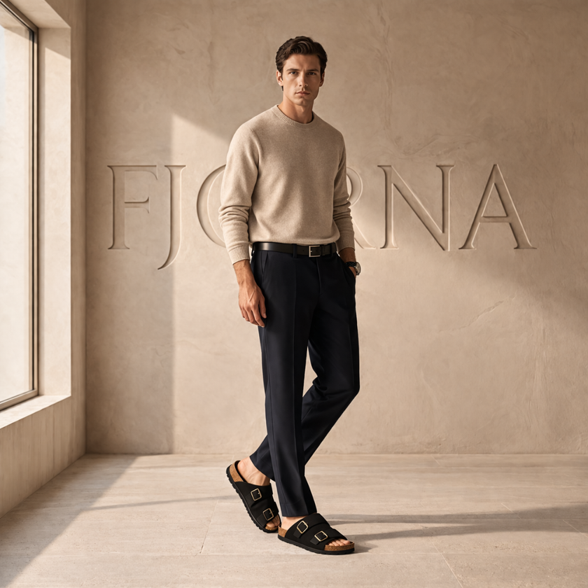 Men's red suede slide sandals by FJØRNA with double straps, cushioned footbed, and cork sole, perfect for casual summer wear.