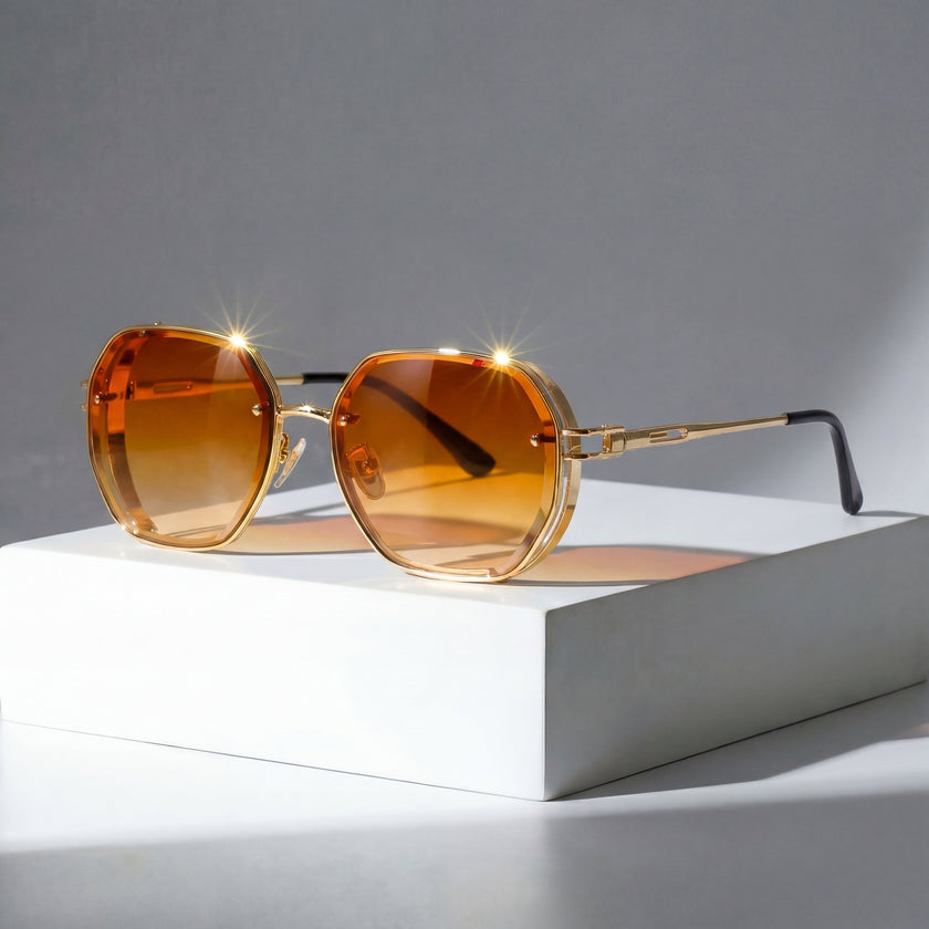 Men's geometric sunglasses by FJØRNA with metal frames and gradient lenses, stylish eyewear for sun protection and fashion.