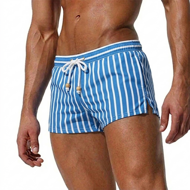 Men's striped swim shorts with drawstring waist and quick-dry fabric, designed for comfort and style at the beach or pool.