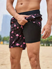 Men's FJØRNA swim shorts with vibrant multi-print design and built-in compression liner for active, comfortable swimwear.