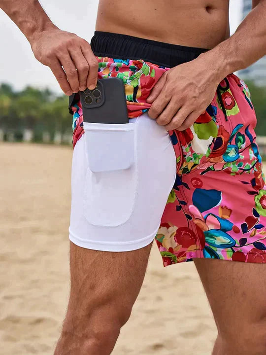 Men’s FJØRNA swim shorts with multi-print designs and built-in compression liner, perfect for swimming and beach activities.